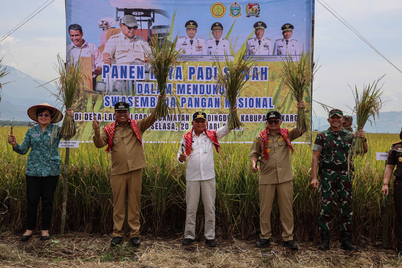 Wakil Gubernur Sumatera Utara Surya bersama Bupati Karo Antonius Ginting didampingi OPD terkait saat panen raya padi di Desa Lau Mulgap, Kecamatan Mardingding, Kabupaten Karo, Selasa (20/1/2026).