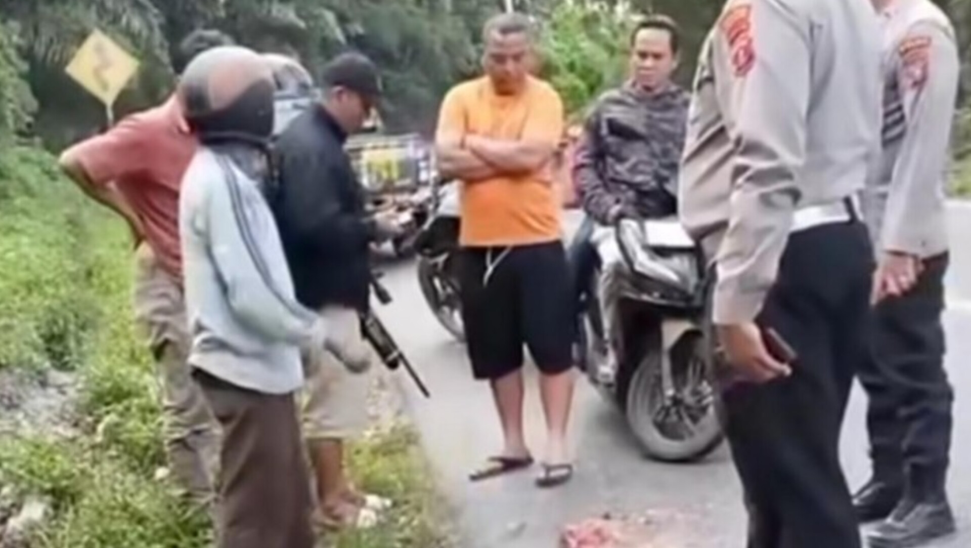 Warga dan petugas kepolisian melihat bangkai macan akar yang mati terlindas kendaraan di sekitar Jembatan Sisera-sera, Parapat, Simalungun.