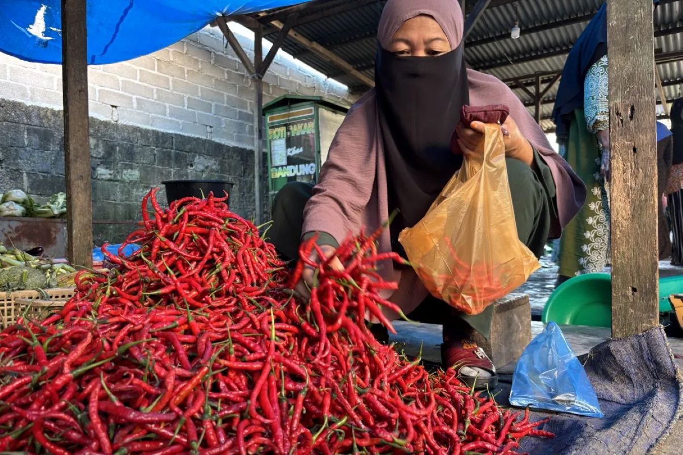 Pembeli memilih cabai merah keriting di Pasar Pandan, Kabupaten Tapanuli Tengah, Sumatera Utara, seiring aktivitas pasar yang mulai kembali normal pascabencana.