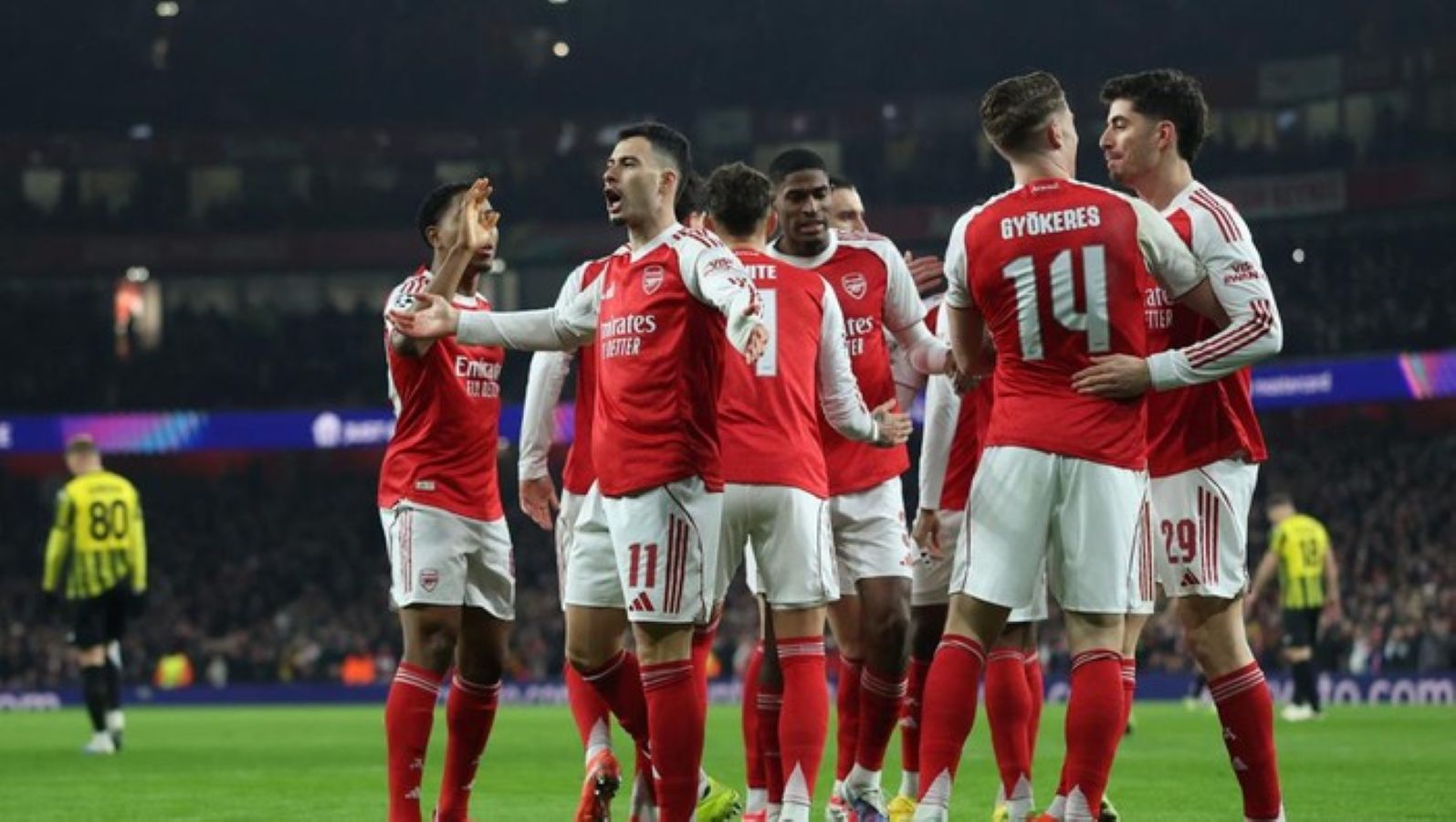 Pemain Arsenal merayakan kemenangan atas Kairat Almaty pada laga terakhir fase liga Liga Champions 2025/2026 di Emirates Stadium.