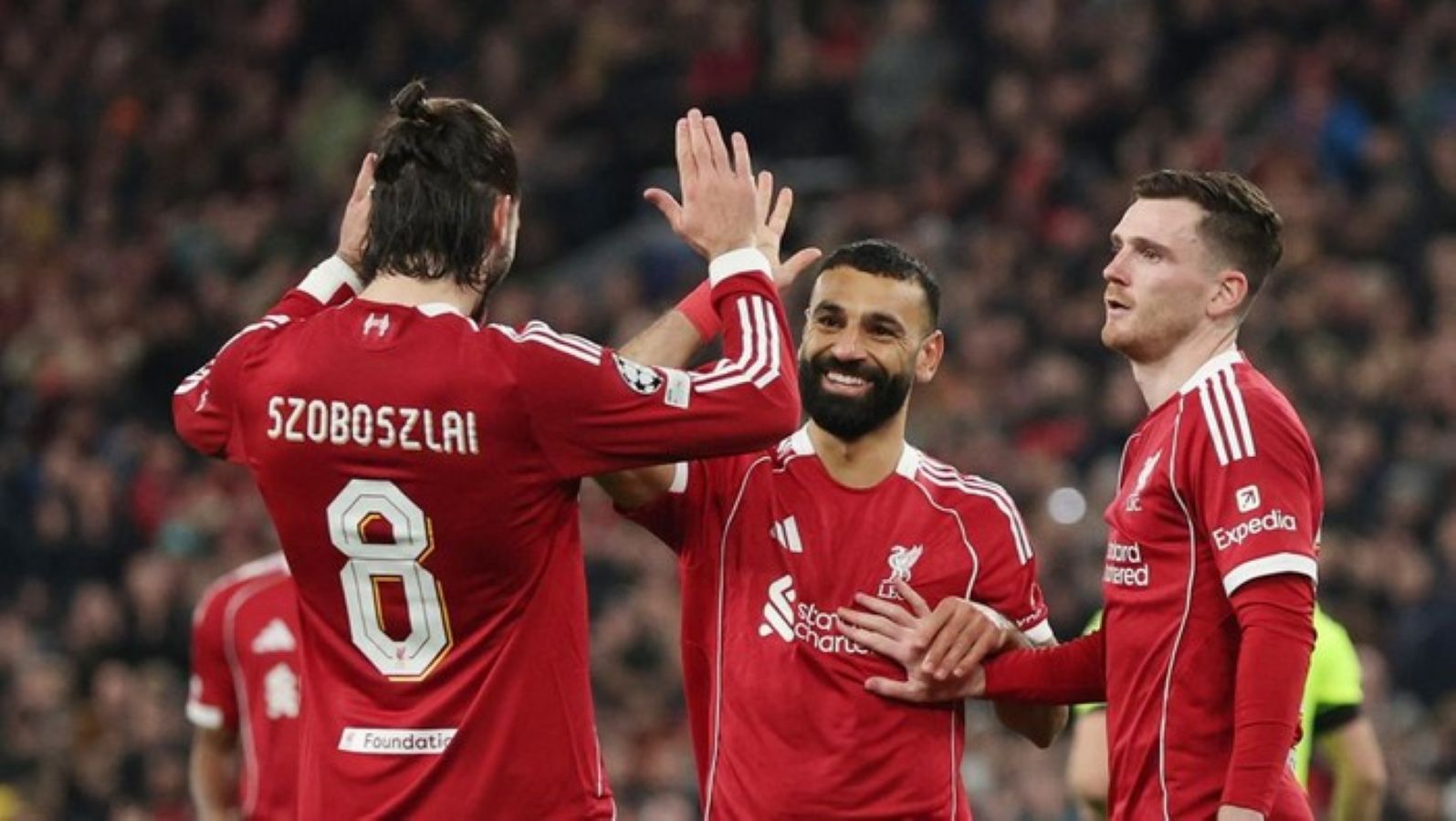 Pemain Liverpool merayakan gol ke gawang Qarabag pada laga terakhir fase liga Liga Champions 2025/2026 di Stadion Anfield.