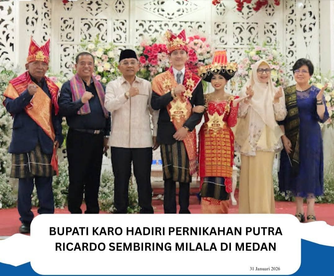Bupati Karo Brigjen Pol (Purn) Dr. dr. Antonius Ginting, Sp.OG., M.Kes., menghadiri pernikahan Imanuel Rajabana Sembiring Milala dan Astri Maya Sandi br. Ginting Jawak di Medan.