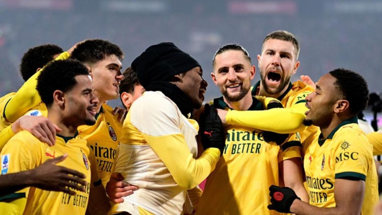 Pemain AC Milan merayakan gol ke gawang Bologna dalam laga Serie A 20252026 di Stadion Renato Dall&rsquo;Ara, Rabu (4/2/2026) dini hari WIB.