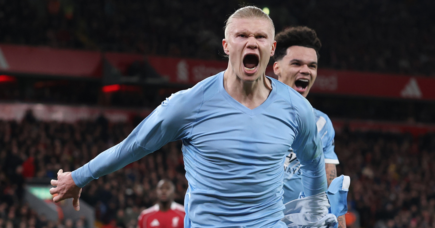 Erling Haaland merayakan gol penalti penentu kemenangan Manchester City atas Liverpool di Stadion Anfield, Senin (9/2/2026) dini hari WIB.