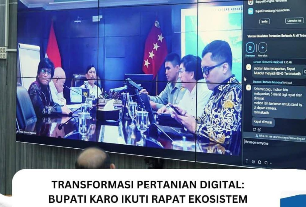 Bupati Karo Antonius Ginting mengikuti rapat koordinasi pengembangan ekosistem pertanian berbasis AI yang dipimpin Luhut Binsar Pandjaitan secara virtual dari Karo Command Center.