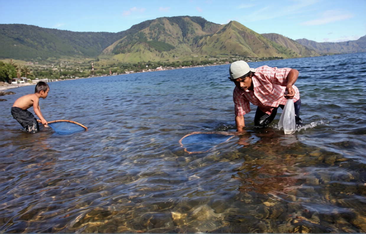Penangkapan ikan bilih atau di perairan Danau Toba, Sumatera Utara. 