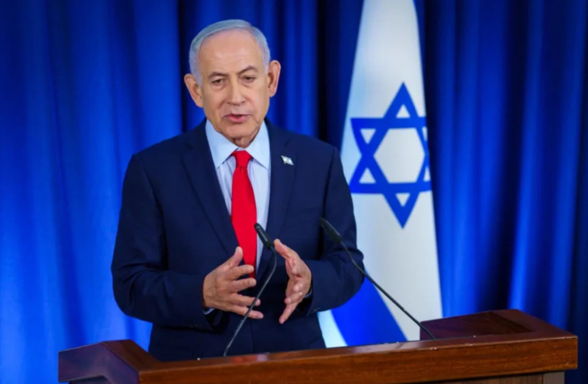 Perdana Menteri Israel, Benjamin Netanyahu, menyampaikan pernyataan terkait kondisi Iran dan eskalasi konflik dalam konferensi pers di Yerusalem, 19 Maret 2026.