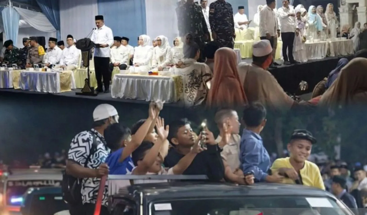 Suasana pawai takbiran Idulfitri di Kota Tanjungbalai yang diikuti ratusan kendaraan dan disambut antusias warga.