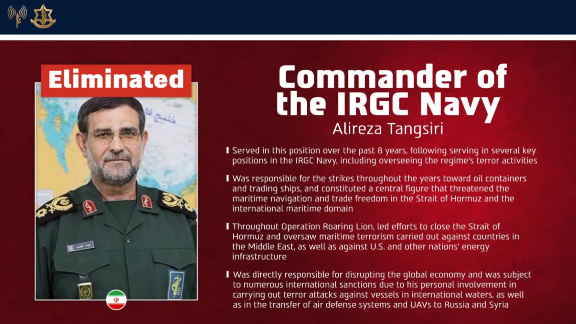 Infografis militer Israel menampilkan profil komandan Angkatan Laut IRGC, Alireza Tangsiri, yang diklaim tewas dalam serangan udara di Bandar Abbas, Iran, Kamis (26/3/2026).