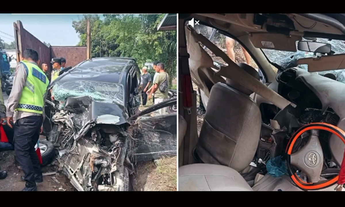 Kondisi mobil Avanza ringsek usai ditabrak dump truck akibat pecah ban di Jalinsum Labuhanbatu Utara.