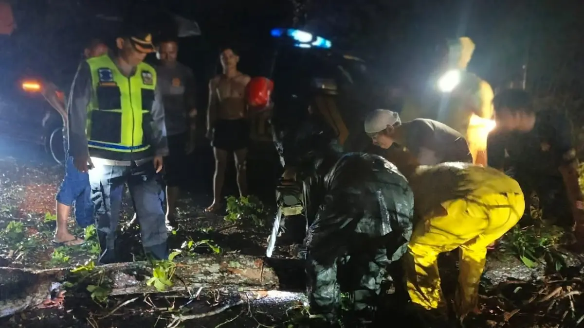 Petugas bersama warga bergotong royong membersihkan pohon tumbang yang menutup jalur Pematangsiantar–Tanah Jawa di kawasan Bukit Kembar, Simalungun.