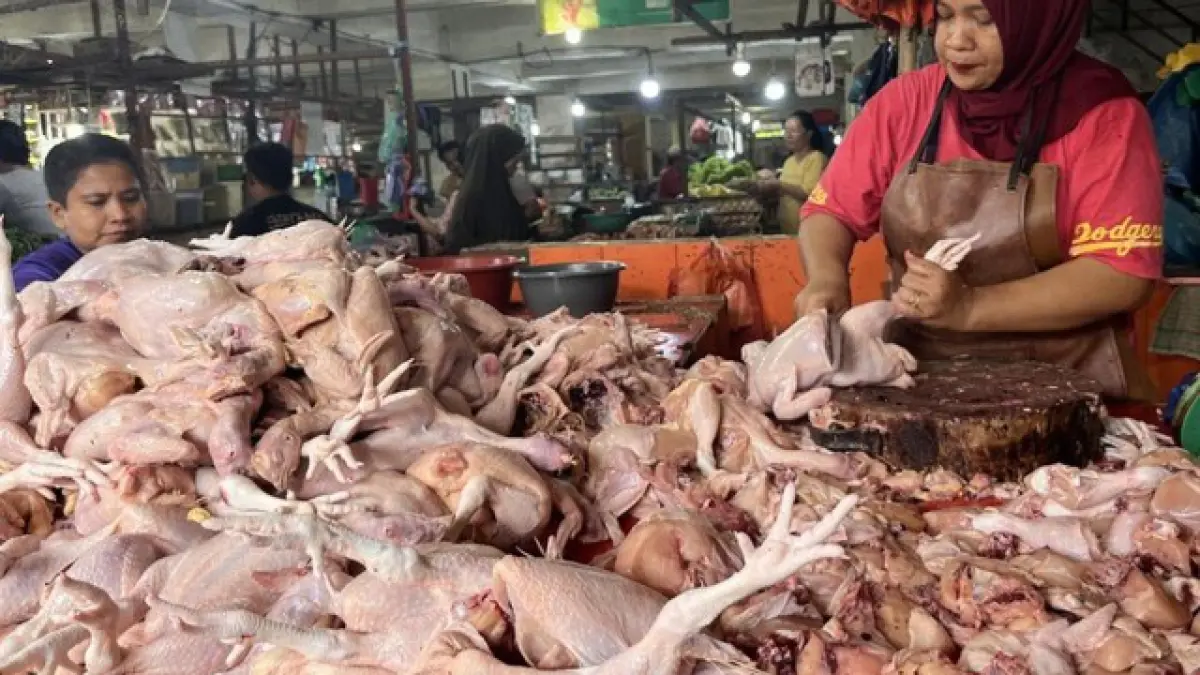Aktivitas jual beli bahan pangan di pasar tradisional, dengan harga ayam dan telur menjadi pemicu utama inflasi Maret 2026.