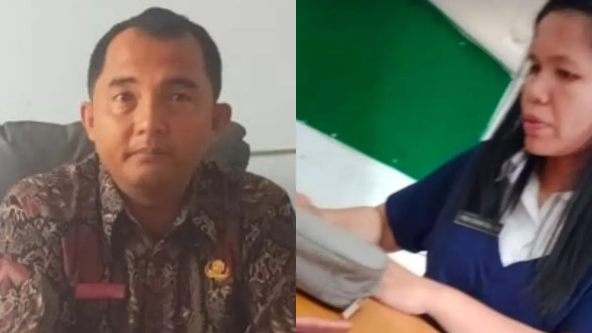 Kepala SMKN 1 Idanogawo, Yoelman Harefa, saat dikonfirmasi terkait dugaan pungli tunjangan Dasus (kiri) dan&nbsp;oknum guru diduga menerima uang dari rekan sejawat dalam kasus pungutan Dasus (kanan).