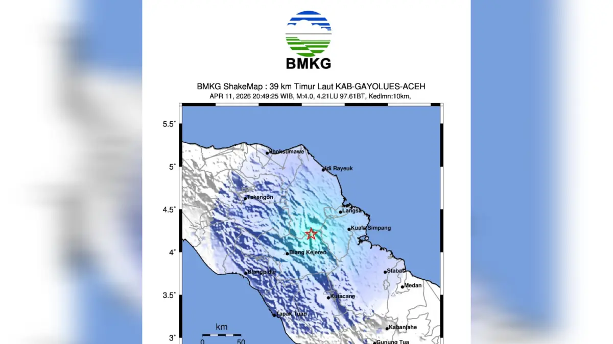 Peta lokasi episenter gempa M4,0 di Gayo Lues, Aceh, Sabtu (11/4/2026) malam. BMKG memastikan gempa tidak berpotensi merusak dan tanpa susulan.