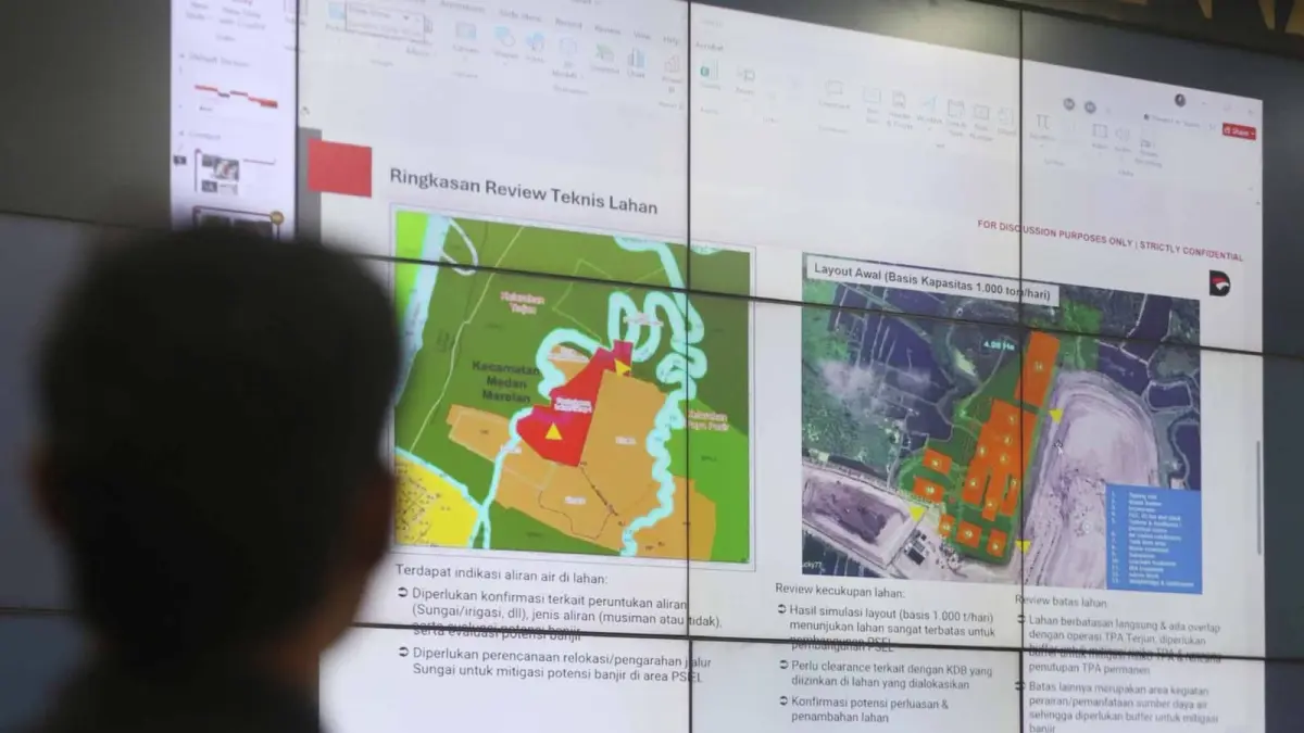 Sekda Medan Wiriya Alrahman mengikuti rapat koordinasi kesiapan lahan proyek PSEL secara daring dari Command Center Kantor Wali Kota Medan.