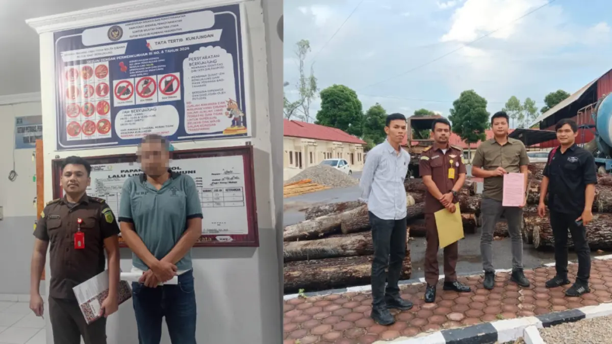 Tersangka oknum polisi kasus pembalakan hutan di Humbahas bersama barang bukti kayu dan alat berat yang diamankan penyidik