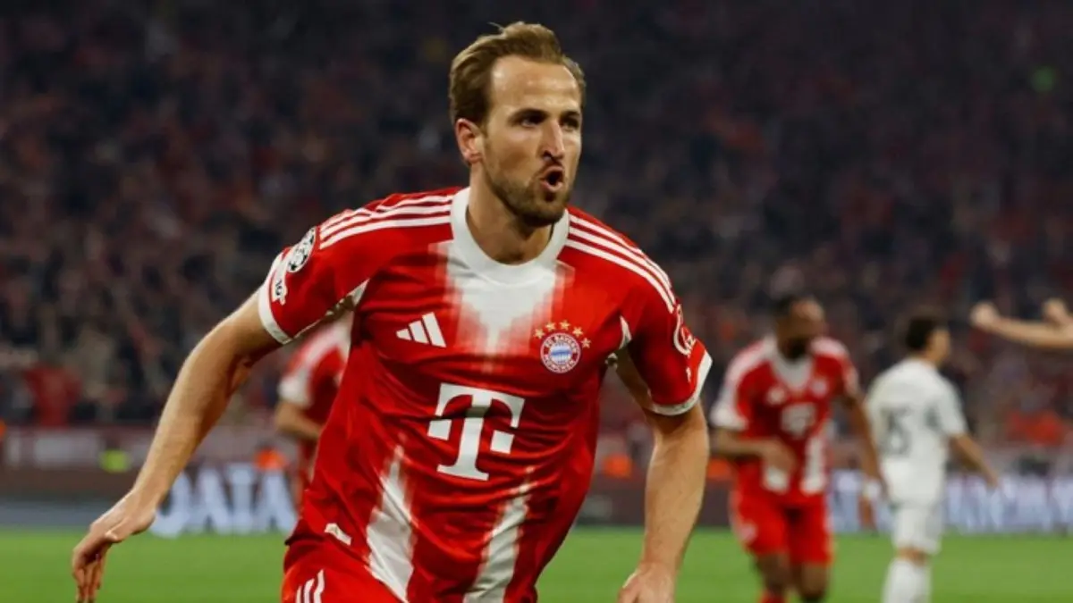 Harry Kane merayakan golnya saat Bayern Munich mengalahkan Real Madrid dan memastikan tiket semifinal Liga Champions.