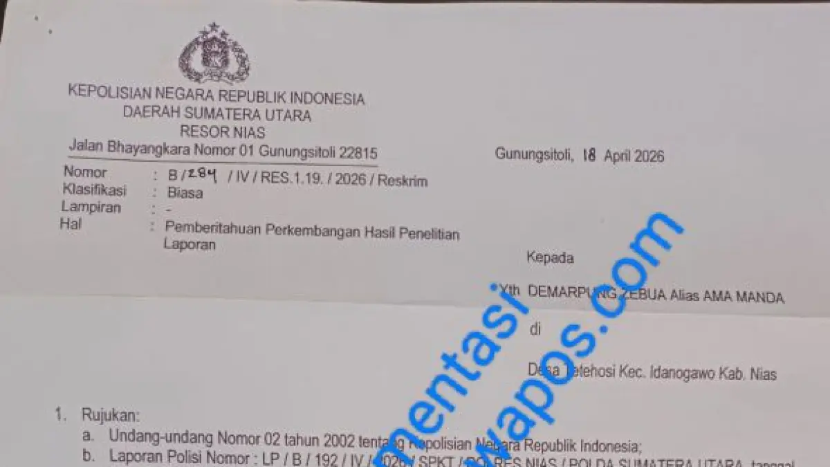 SP2HP yang diterbitkan Polres Nias terkait kasus dugaan pungli di SMKN 1 Idanogawo, Kabupaten Nias, Sumatera Utara.