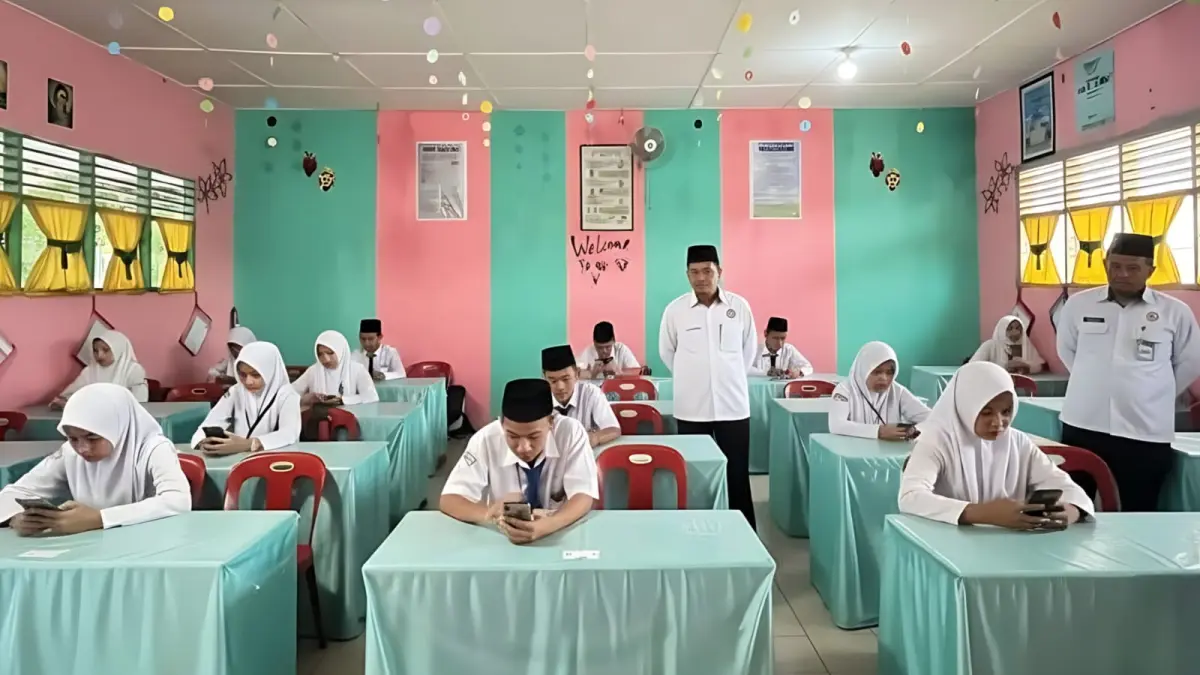 Kepala Kantor Kementerian Agama Labuhanbatu Utara H. Julsukri Mangandar Limbong saat melakukan monitoring pelaksanaan UMBK berbasis handphone di MTsN 2 Labuhanbatu Utara, Senin (20/4/2026).