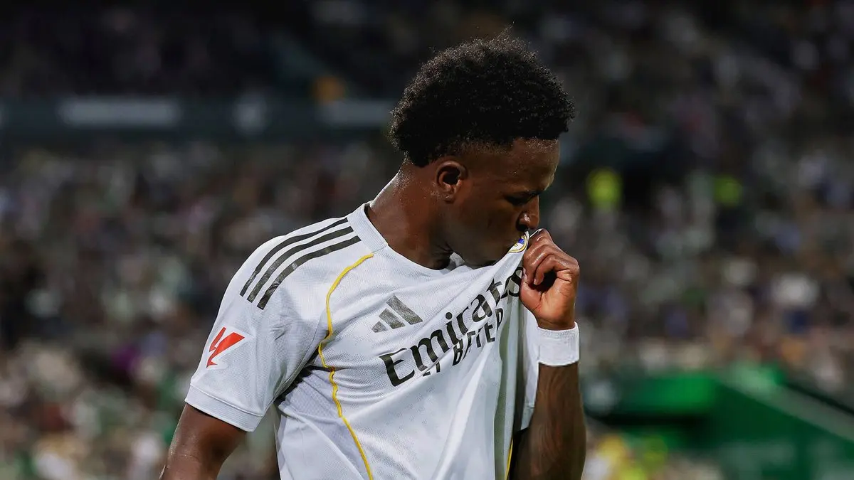 Vinicius Junior merayakan gol bersama Real Madrid dalam laga Liga Spanyol, usai dikabarkan sepakat memperpanjang kontrak hingga 2030.