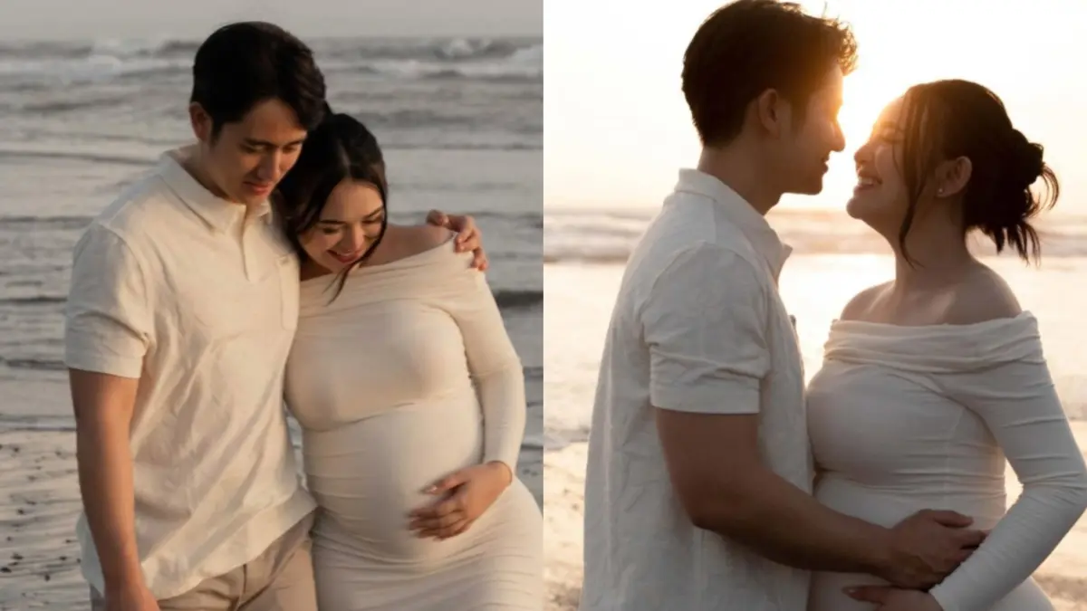 Amanda Manopo tampil anggun dalam maternity photoshoot di tepi pantai bersama Kenny Austin dengan balutan gaun putih simpel yang menonjolkan baby bump.