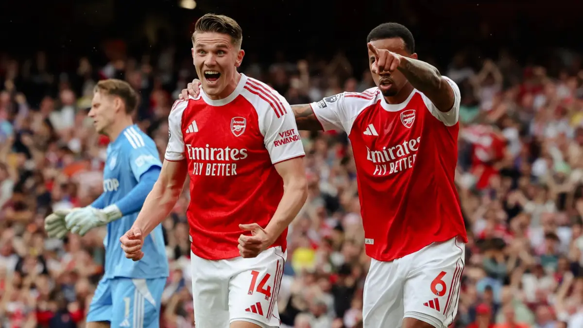 Viktor Gyokeres merayakan golnya saat Arsenal mengalahkan Fulham 3-0 di Emirates Stadium.
