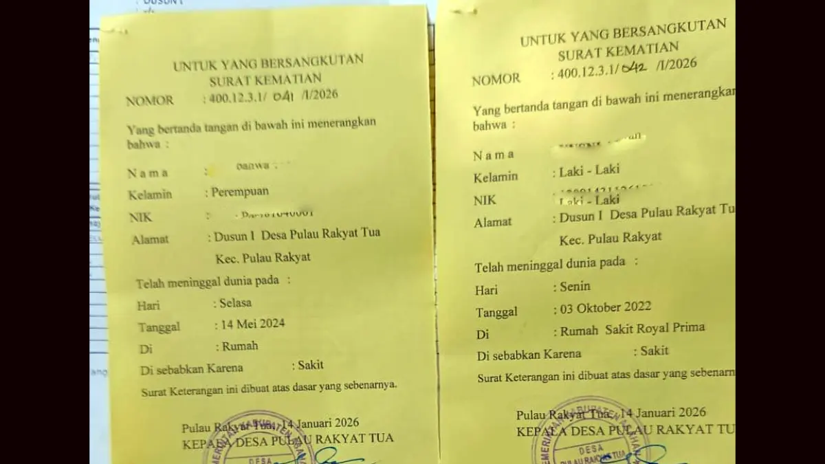 Dua surat keterangan kematian yang diterbitkan Pemerintah Desa Pulau Rakyat Tua untuk warga yang terdata sebagai penduduk Kota Medan.