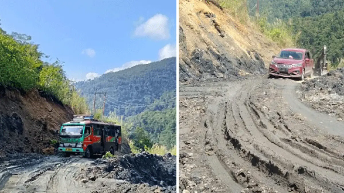 Kondisi Jalinsum di Kecamatan Sosopan, Palas, yang masih berlumpur namun sudah bisa dilintasi kendaraan roda enam usai pembersihan longsor.