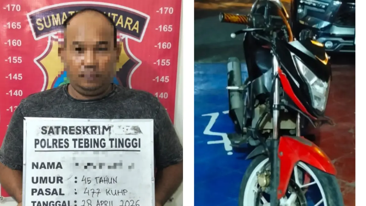 Petugas menunjukkan tersangka curanmor yang ditangkap tim gabungan Ditreskrimum Polda Sumut dan Polres Tebingtinggi bersama barang bukti sepeda motor.