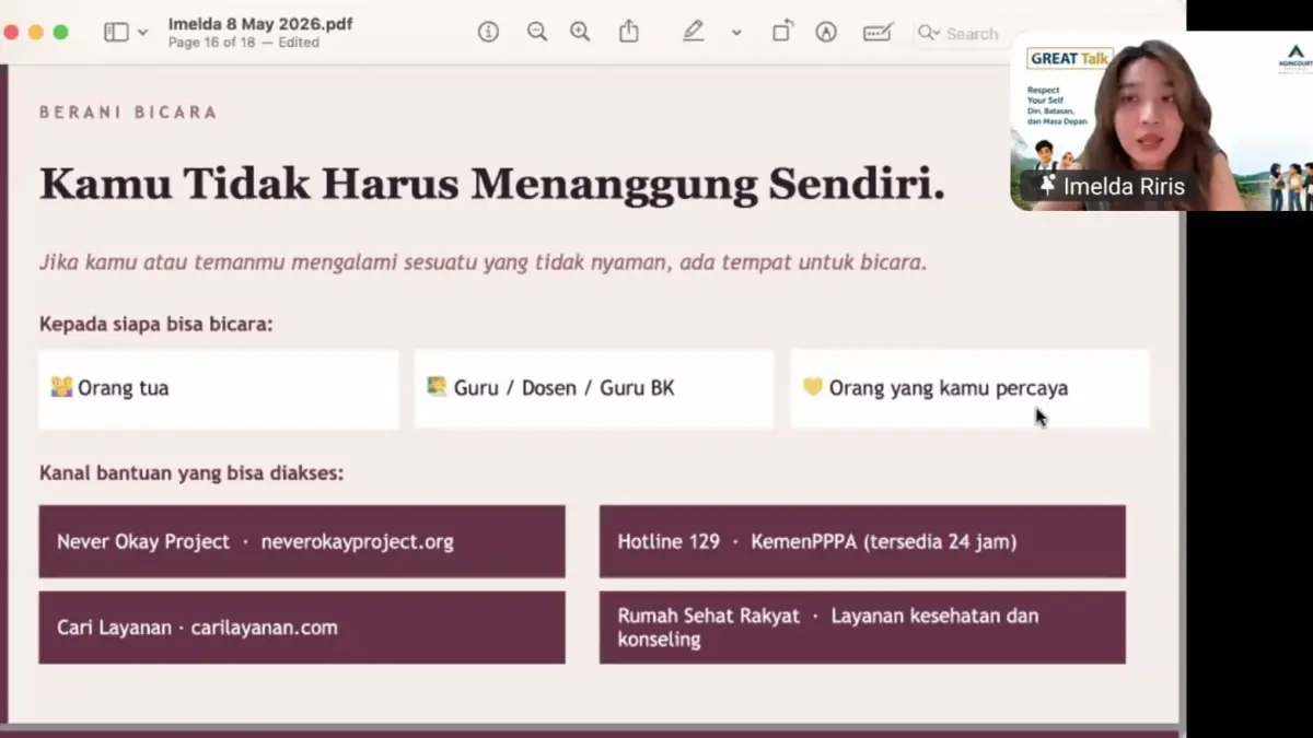Imelda Riris dan materi berani berbicara dalam Great Talk Martabe, Jumat (8/5/2026). (Samman/Metrodaily)