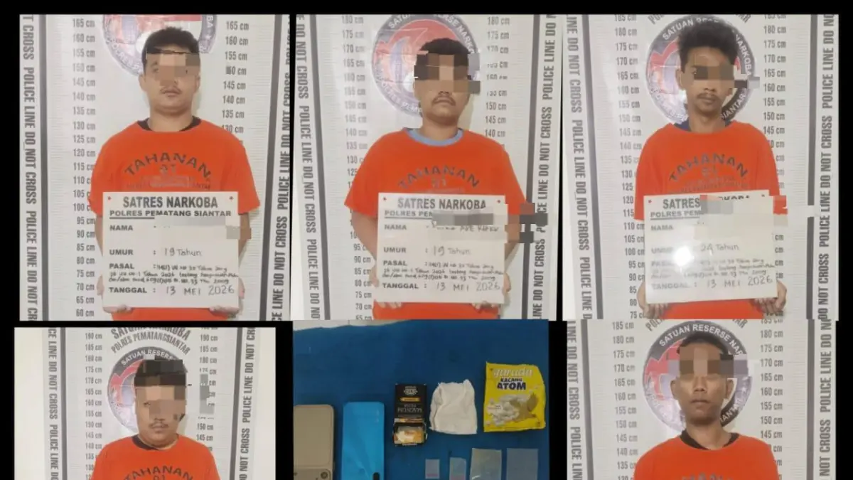 Lima terduga anggota jaringan peredaran pil ekstasi diamankan personel Polres Pematangsiantar bersama barang bukti pil ekstasi yang disembunyikan di bungkus kacang dan kotak rokok.