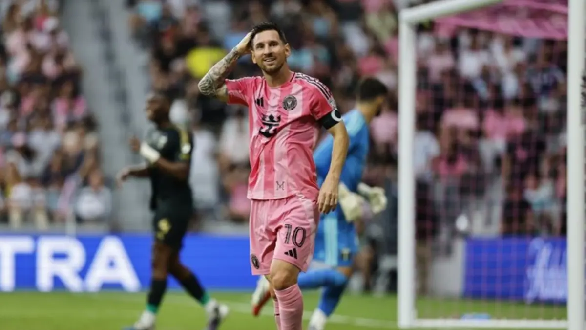 Lionel Messi merayakan gol bersama Inter Miami usai membobol gawang Portland Timbers di Nu Stadium dalam lanjutan MLS 2026.