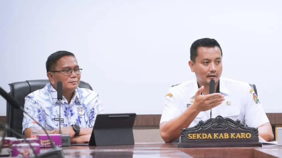 Pemerintah Kabupaten Karo menerima kunjungan Pemerintah Kabupaten Tapanuli Selatan dalam pembahasan kerja sama pengendalian inflasi dan stabilisasi pangan di Ruang Rapat Matang Sitepu, Kantor Bupati Karo, Rabu (1352026).