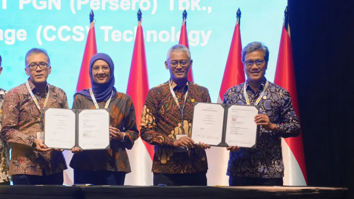 PT Perusahaan Gas Negara menandatangani kerja sama studi pengembangan teknologi CCS dan transportasi CO₂ pada ajang IPA Convex 2026 di Jakarta.