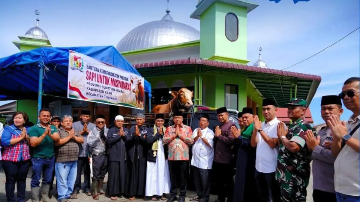 Bupati Karo Antonius Ginting menyerahkan hewan kurban bantuan Presiden RI kepada pengurus BKM Masjid Al Munawarah Tigapanah menjelang Hari Raya Iduladha 1447 Hijriah di Kabupaten Karo, Rabu (27/5).