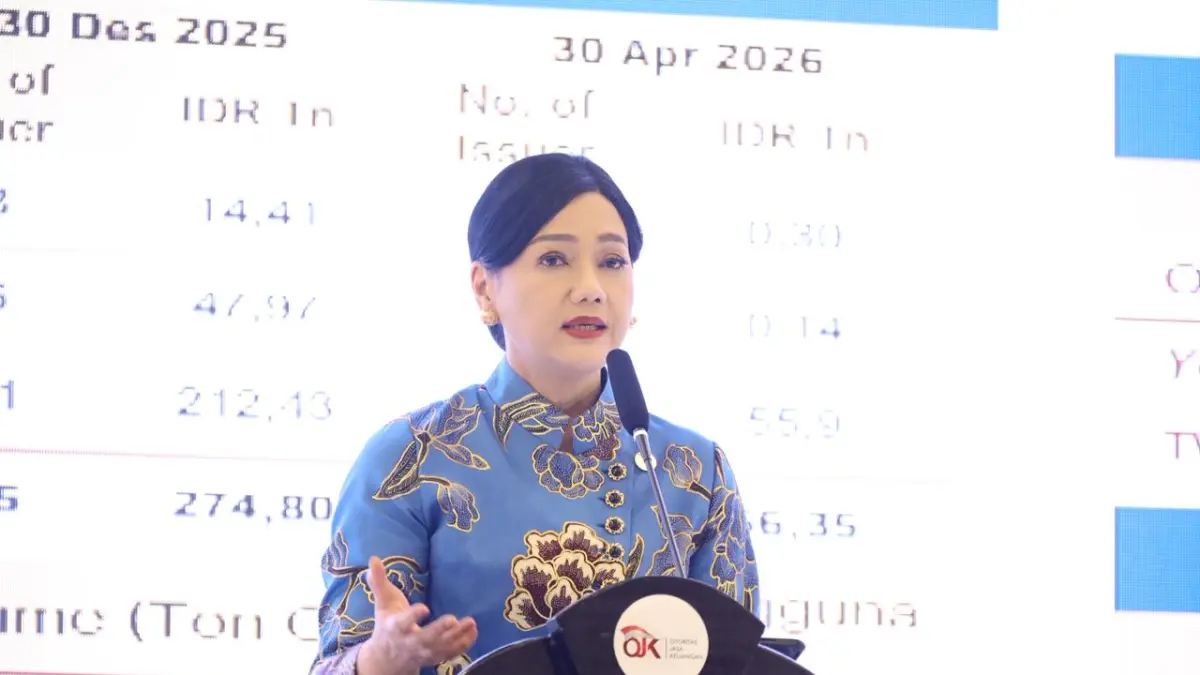 Ketua Dewan Komisioner OJK Friderica Widyasari Dewi menyampaikan sambutan saat Konferensi Nasional Pengembangan Ekonomi Daerah (KNPED) 2026 di Jakarta, Senin, terkait percepatan pertumbuhan ekonomi daerah melalui sinergi lintas sektor.&nbsp;