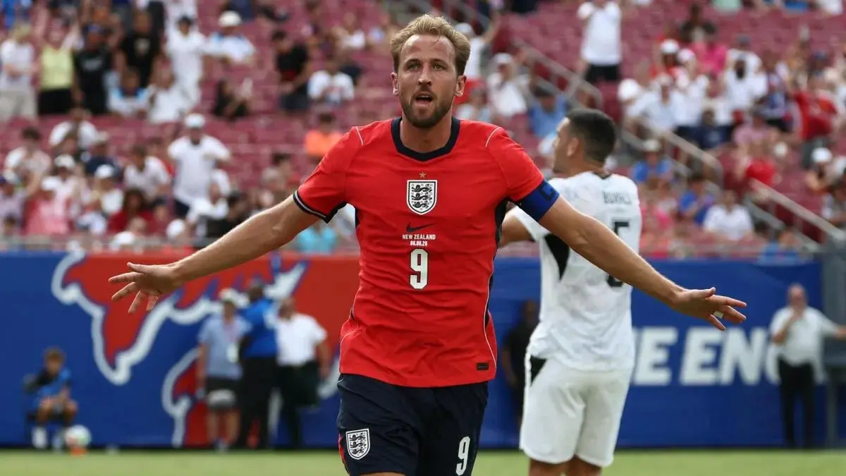 Harry Kane merayakan gol kemenangan Inggris saat menghadapi Selandia Baru dalam laga uji coba internasional di Raymond James Stadium, Tampa, Florida.