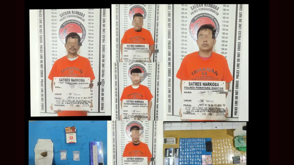  Lima tersangka jaringan peredaran narkotika jenis sabu-sabu dan ganja diamankan Satresnarkoba Polres Pematangsiantar bersama barang bukti ratusan paket narkoba siap edar. 