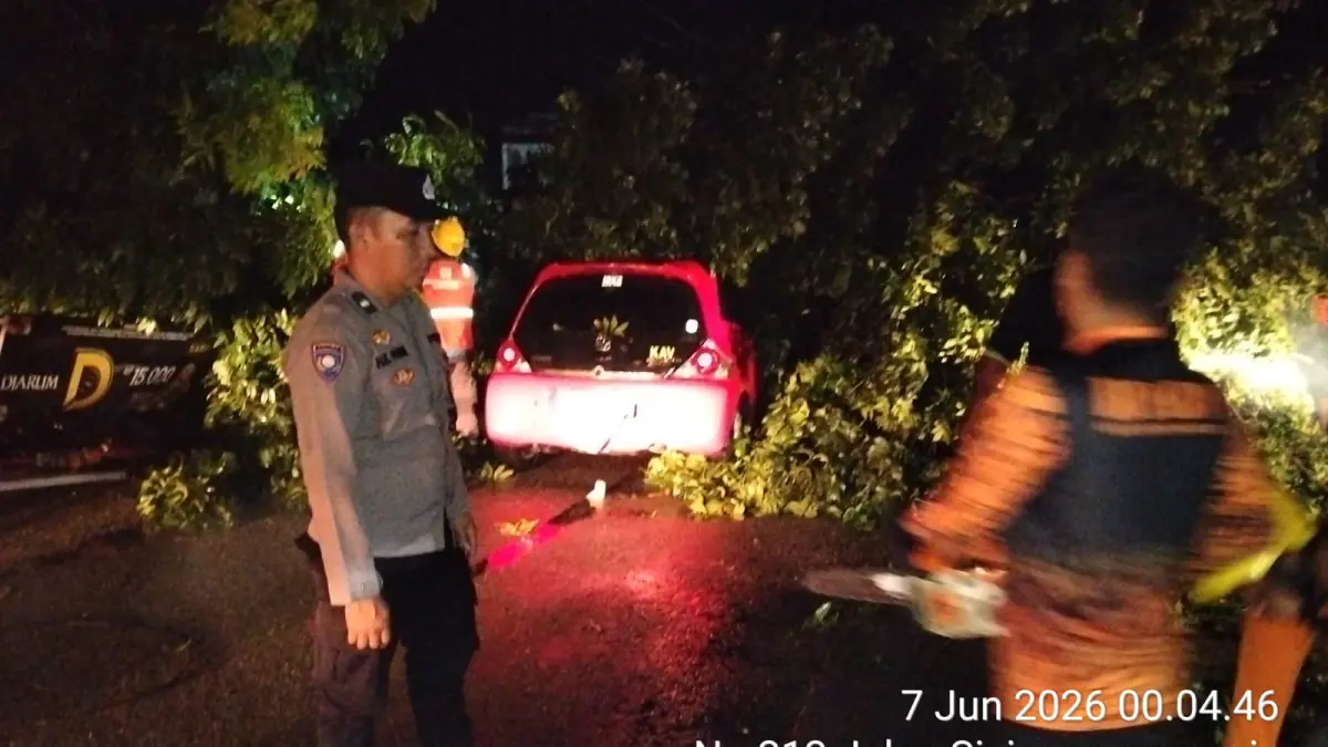  Petugas berada di lokasi pohon tumbang yang menimpa satu unit mobil dan sepeda motor di Jalan Sisingamangaraja, Kelurahan Sukadame, Kecamatan Siantar Utara, Kota Pematangsiantar, Sabtu (6/6/2026) malam. 
