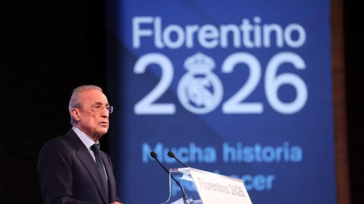  Presiden Real Madrid, Florentino Perez, menyampaikan pidato setelah memenangkan pemilihan presiden klub untuk periode berikutnya. 