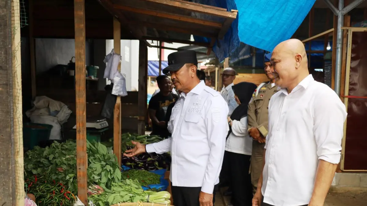 Bupati Mandailing Natal Saipullah Nasution meninjau kawasan lapak pedagang di Pasar Baru Panyabungan, Rabu (10/6/2026).