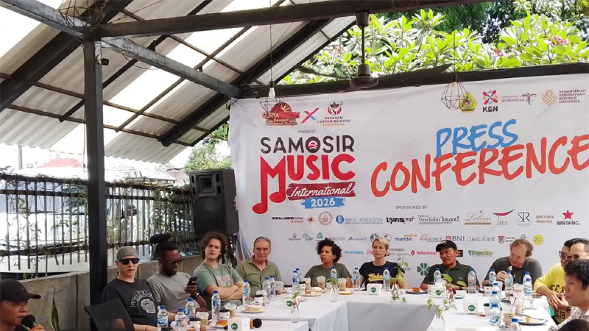 Musisi manca Negara, nasional dan lokasi pada acara Samosir Music International tahun 2026 menggelar press conference di Pematangsiantar.