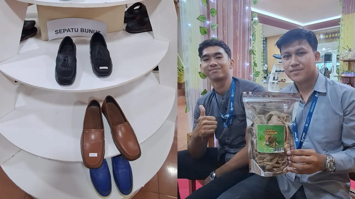 Produk unggulan UMKM di Paviliun Pemerintah Kabupaten Asahan pada PRSU ke-50 di Medan. Sepatu Bunut dan kerupuk kulit pisang menjadi produk yang paling diminati selama pameran berlangsung.