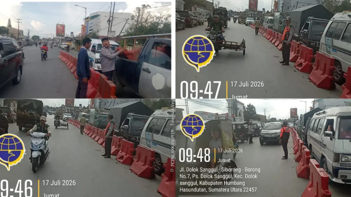 Petugas Dishub Membuat Pembatas Jalan sekitar Jalan Merdeka dekat arah ke SPBU sepanjang 30 Meter, untuk mengurai kemacetan, Jumat (17/07/2026).