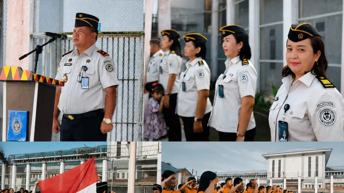 Ka. Lapas Kelas IIB Gunungsitoli Sahat Bangun, bersama pegawai dan para narapidana, dalam acara upacara bendera peringatan HAN ke-42, di Halaman Kantor Lapas Kelas IIB Gunungsitoli, Jalan Dolok Martimbang, Desa Hilina