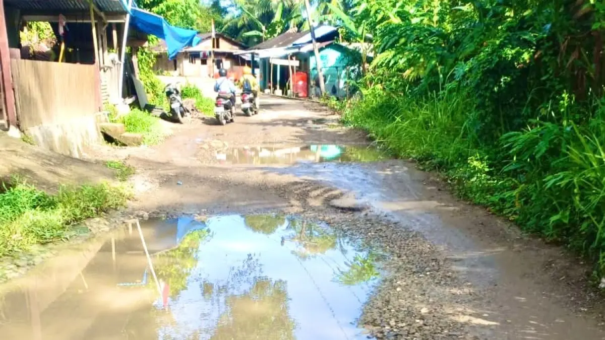 Kondisi Jalan Gunungsitoli-Hiliduho-Alasa tampak sudah parah, aspal sudah tidak kelihatan.