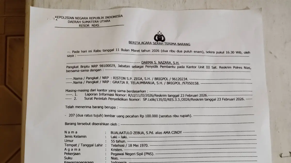 Dokumen Penyerahan Uang Barang Bukti Dugaan Pungli NUPTK di SMAN 1 Gido, oleh Buala