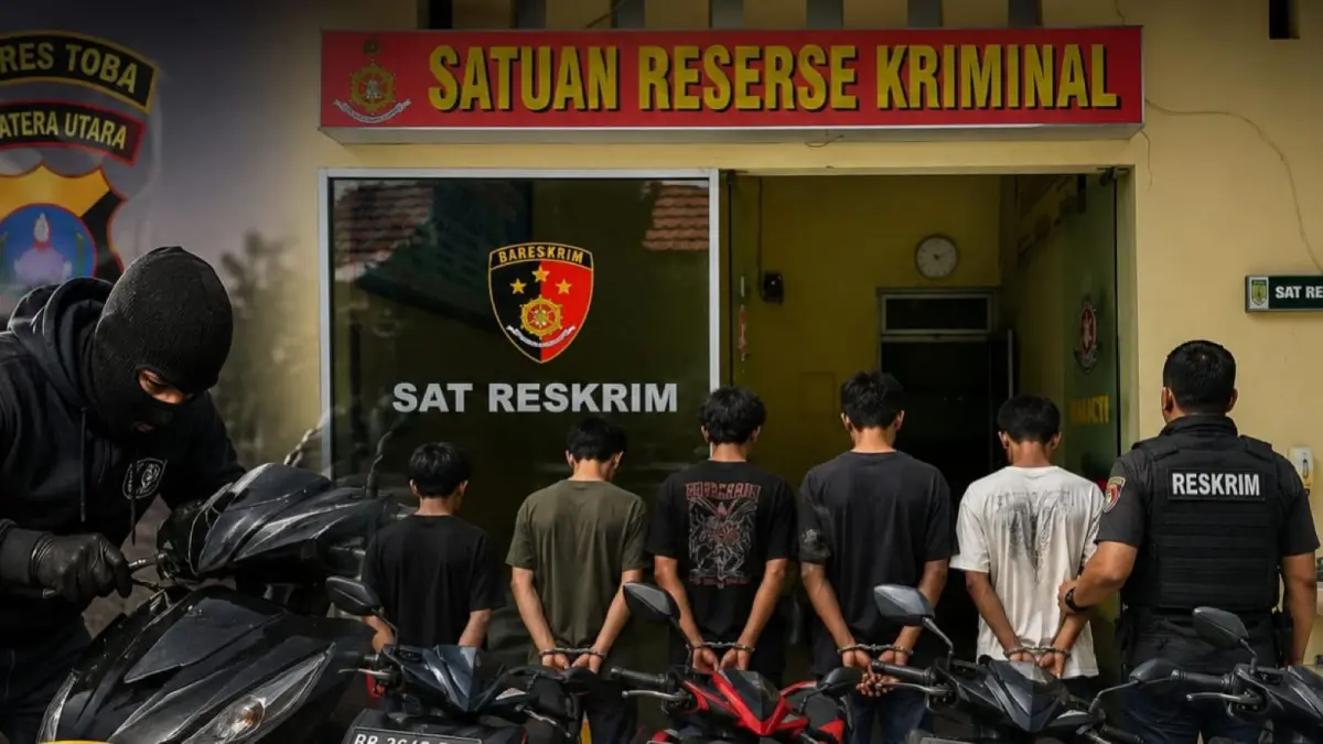 Para tersangka kasus pencurian kendaraan bermotor diamankan di Mapolres Toba setelah polisi mengungkap tiga kasus curanmor di wilayah Toba.