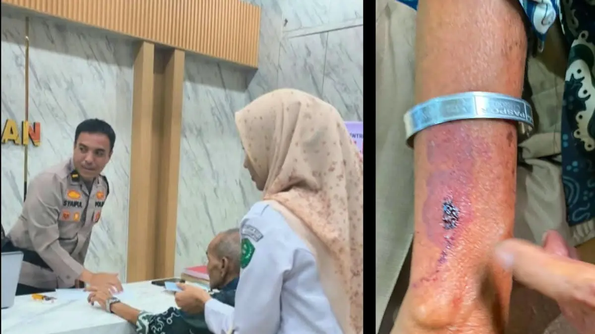Jhonatan Siregar (80) didampingi keluarga saat membuat laporan polisi (LP) di Polres Padangsidimpuan.