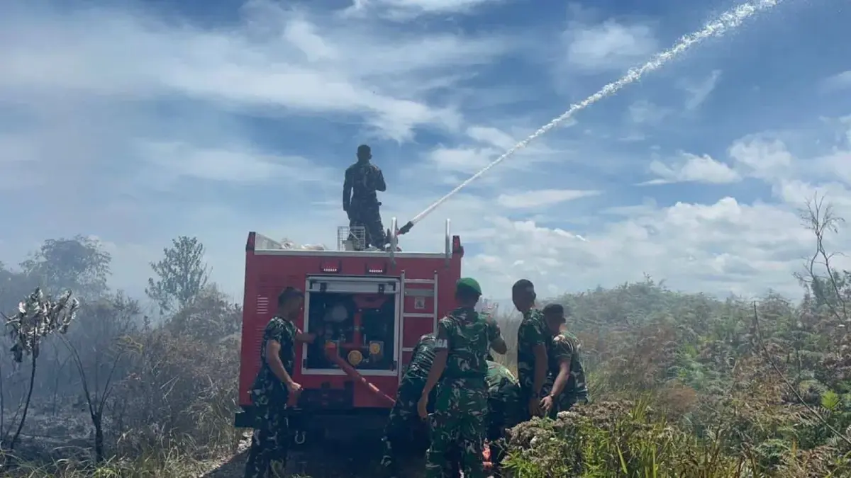 Personel Damkar Pemkab Humbahas bersama prajurit Yonif TP 955/HS memadamkan kebakaran lahan sekitar 5 hektare di Desa Simangaronsang, Minggu (30/8/2026). 